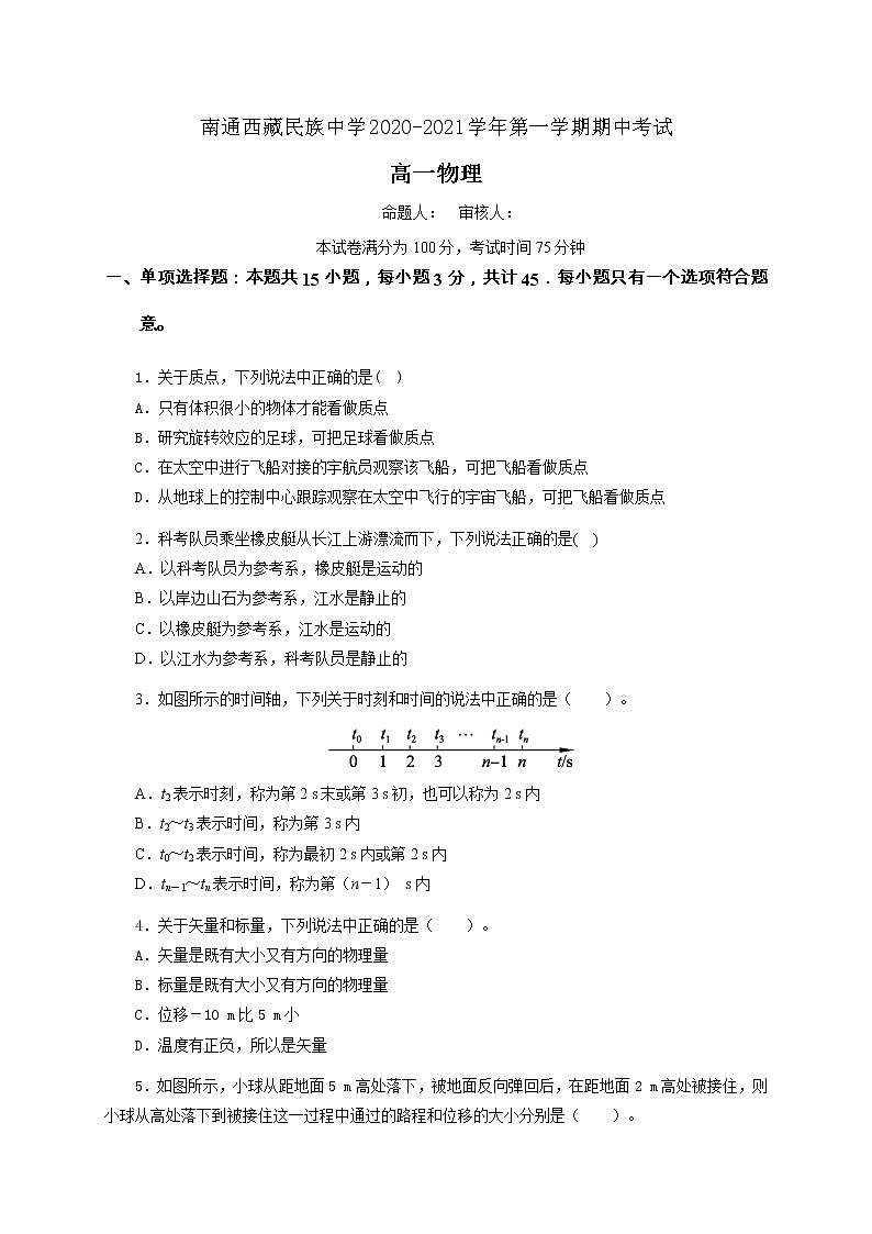 2021南通西藏民族中学高一上学期期中考试物理试题含答案第1页