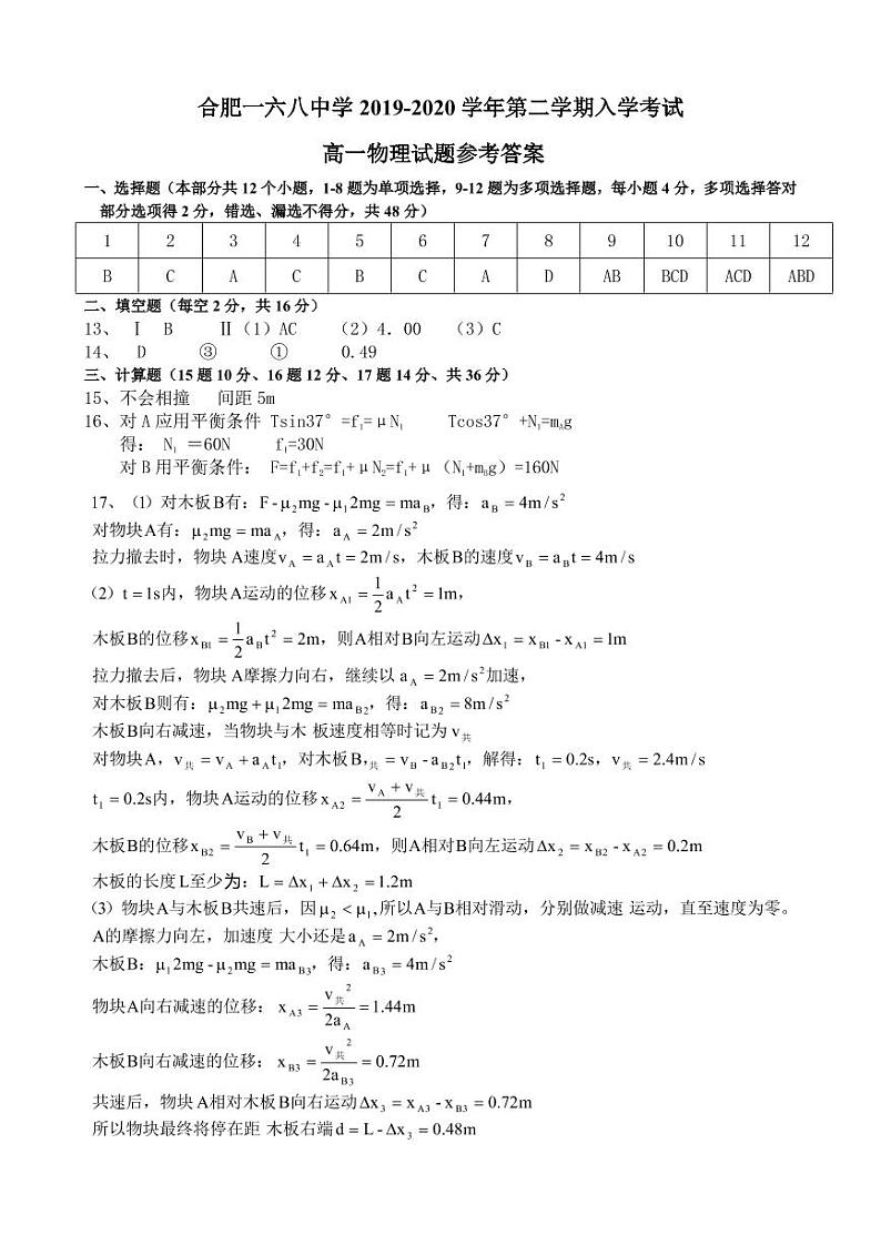 2020合肥一六八中学高一下学期入学考试物理试题PDF版含答案01