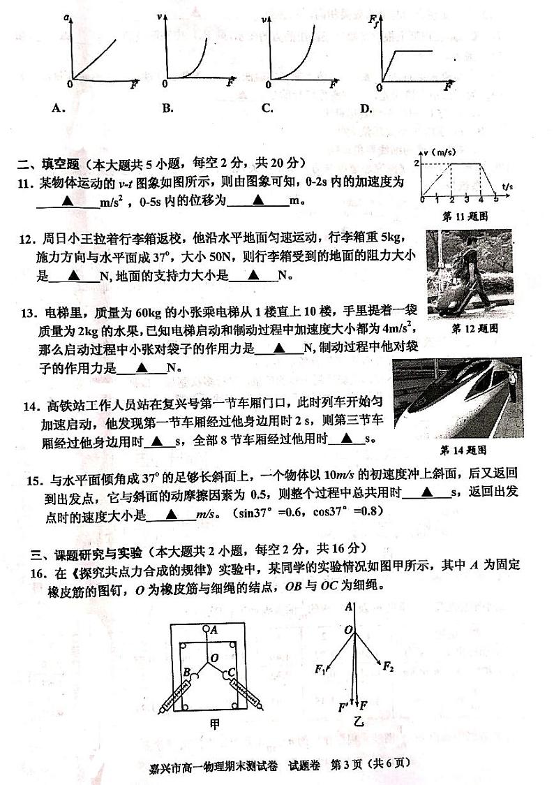 2020嘉兴高一上学期期末检测物理试题PDF版含答案03