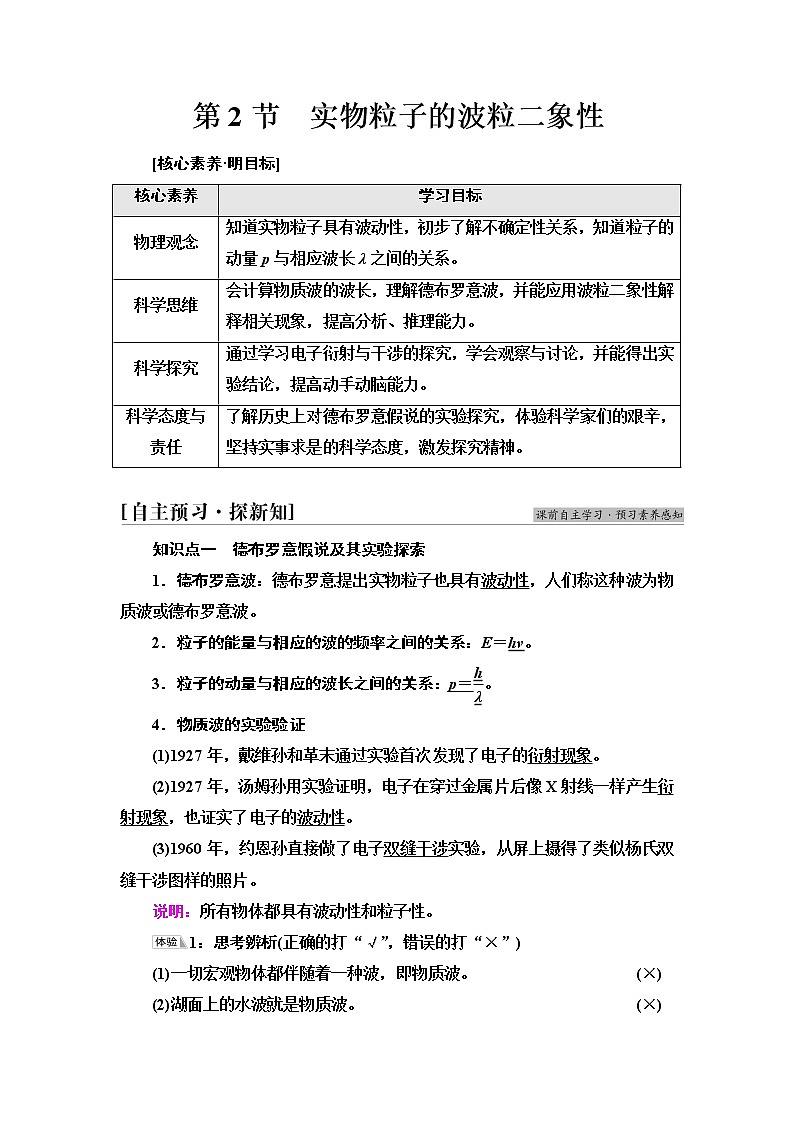 鲁科版高中物理选择性必修第三册第6章第2节实物粒子的波粒二象性课件+学案+练习含答案01