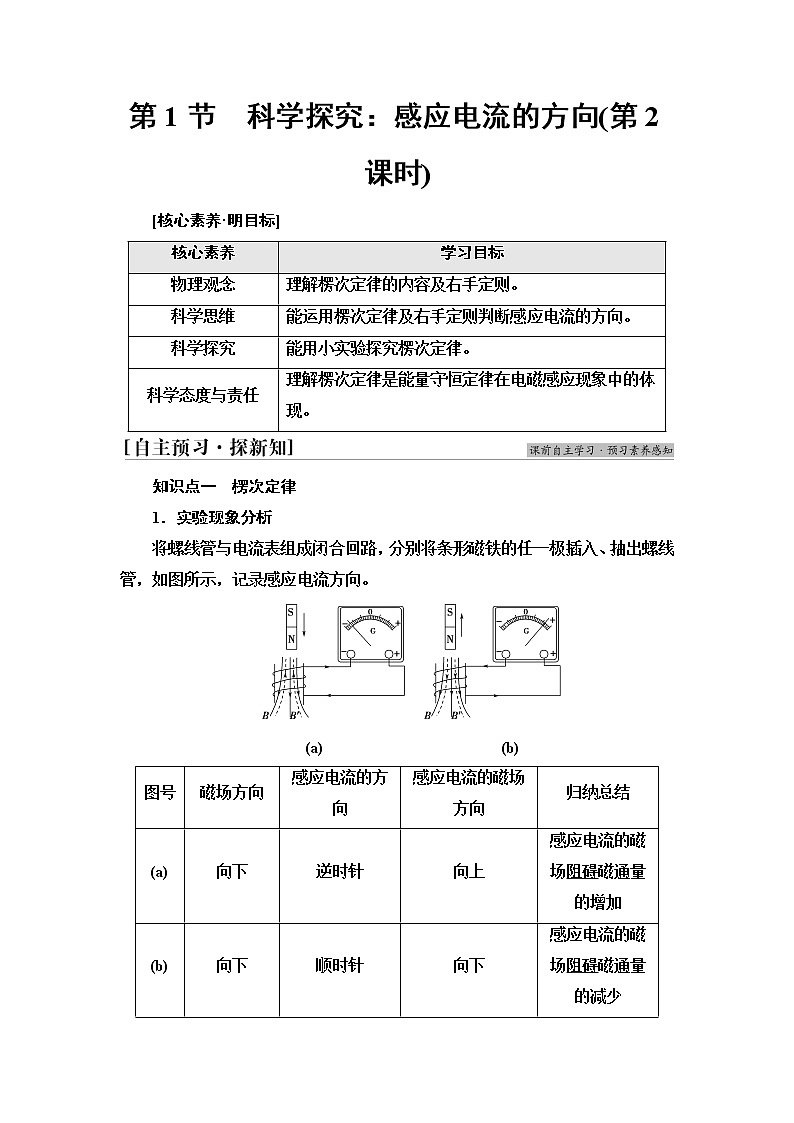 鲁科版高中物理选择性必修第二册第2章第1节科学探究：感应电流的方向(第2课时)学案第1页