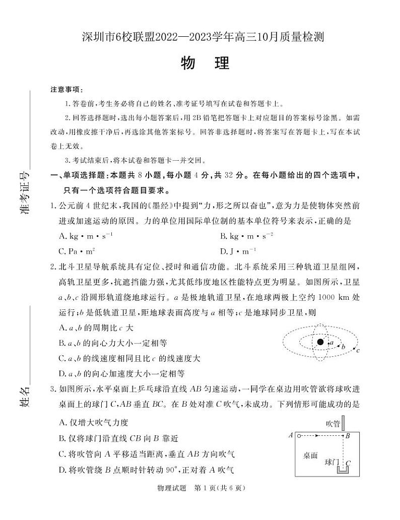 深圳市6校联盟2022—2023学年高三10月质量检测物理试卷第1页
