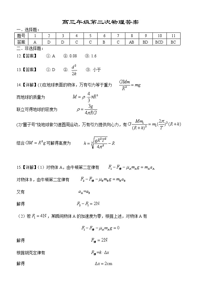 湖北省沙市中学2022-2023学年高三上学期第二次月考物理试题参考答案第1页