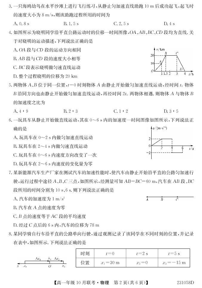 2023淮南部分学校高一上学期10月联考物理试题PDF版含解析02
