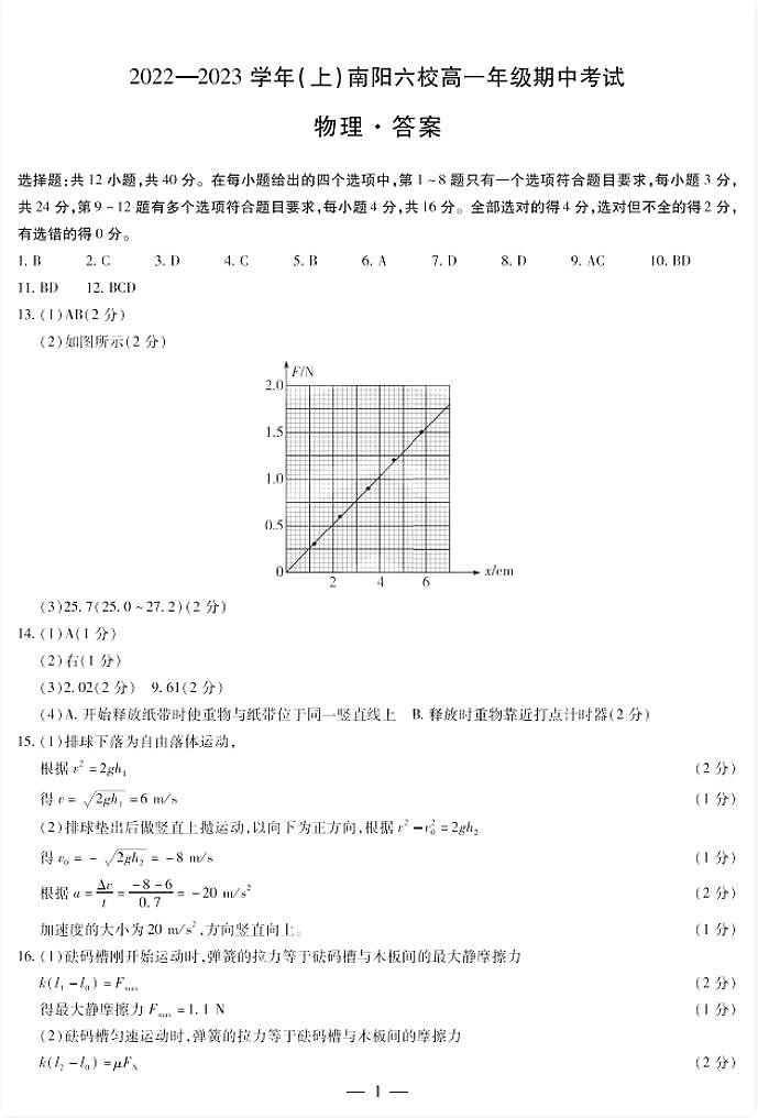 2023南阳六校高一上学期期中联考试题物理PDF版含答案01