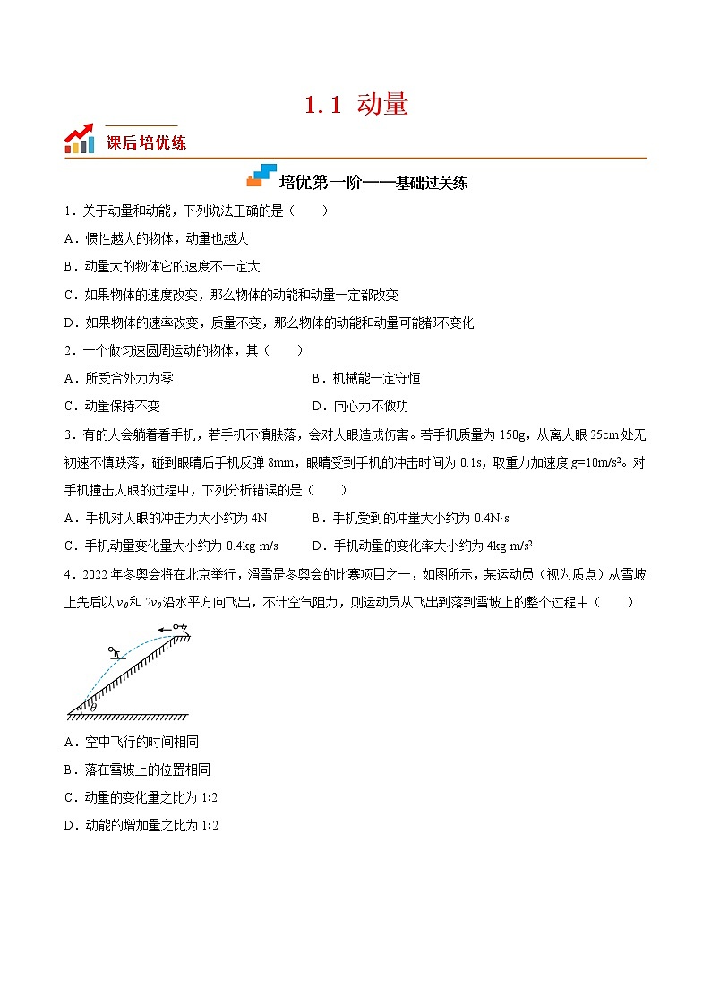 【培优分级练】高中物理(人教版2019)选修第一册 1.1《动量》培优分阶练（原卷版）第1页