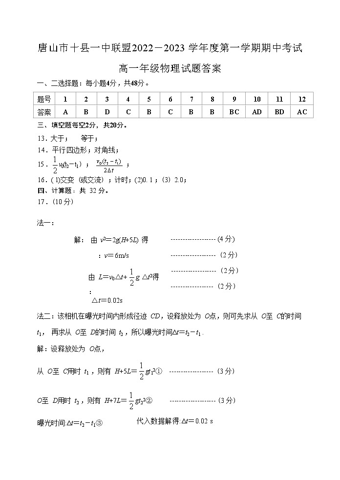 2023唐山十县一中联盟高一上学期期中考试物理试题PDF版含答案01