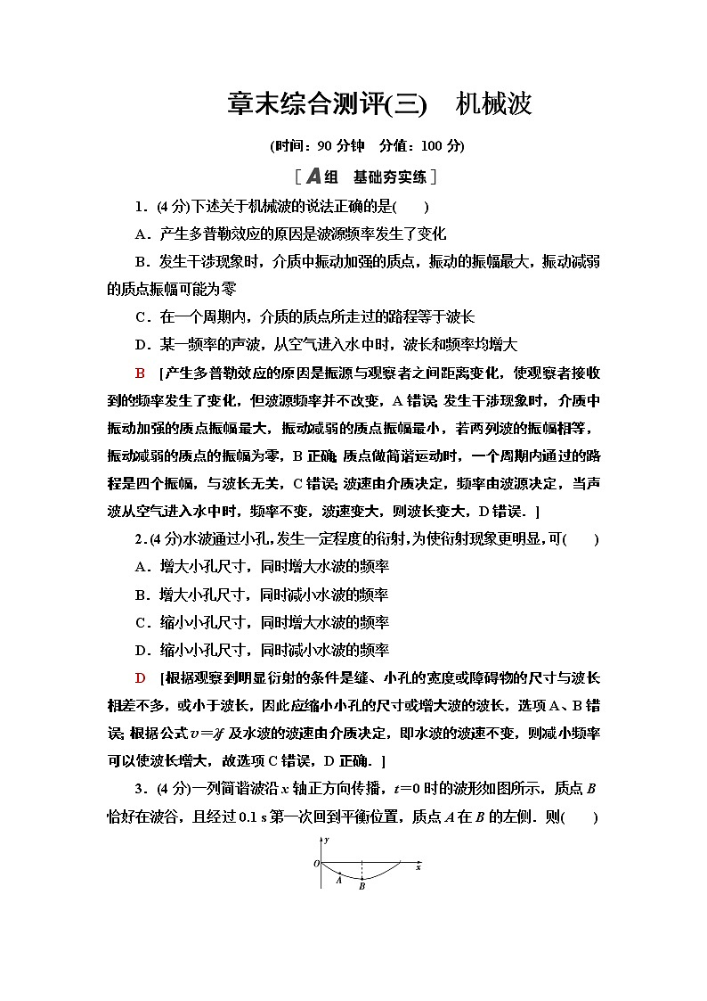 高中人教物理选择性必修一章末综合测评 3 机械波选择性必修第一册练习01