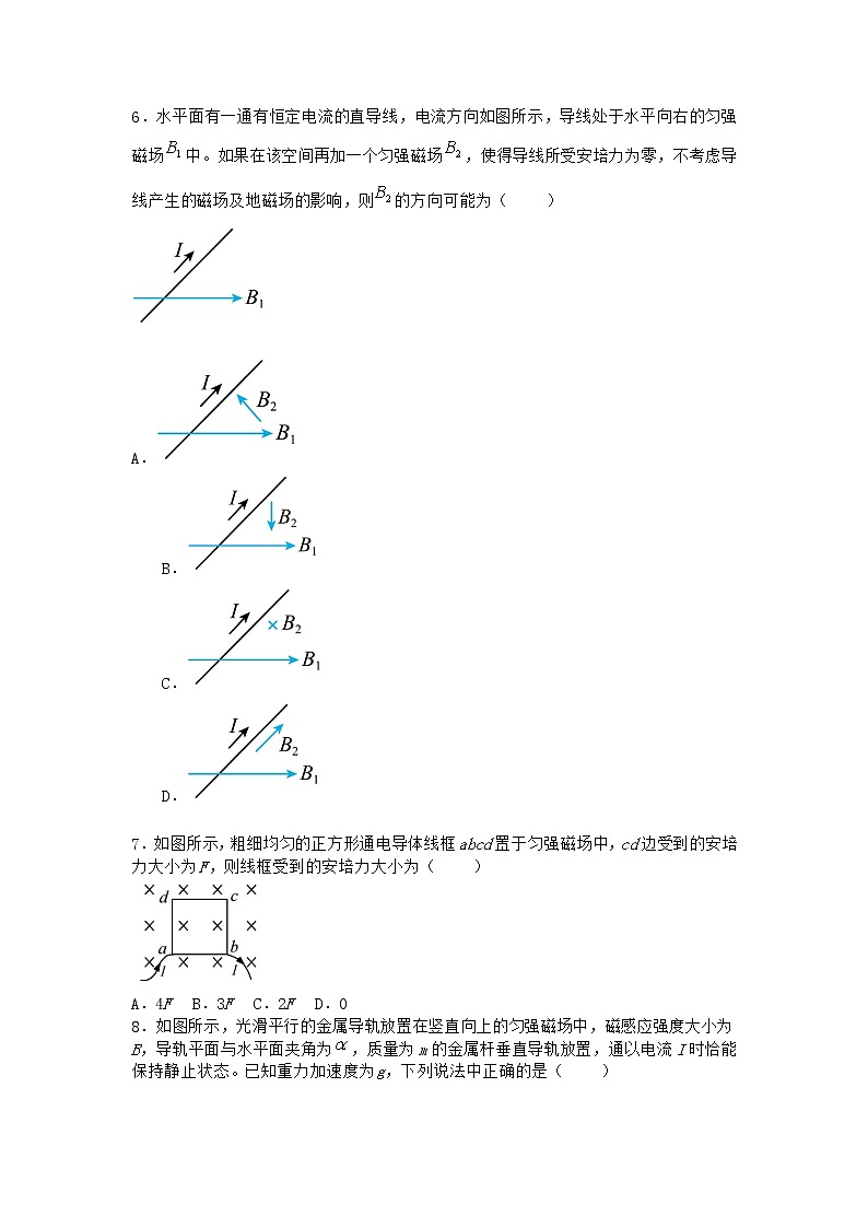 物理沪科版选择性必修第二册第1节 安培力优质作业(3)第3页