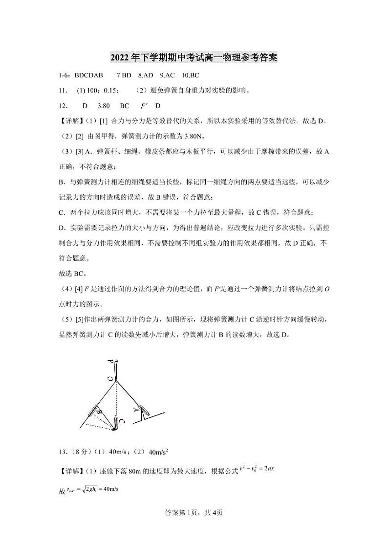 长沙市实验中学 2022 年下学期期中考试高一年级物理参考答案第1页
