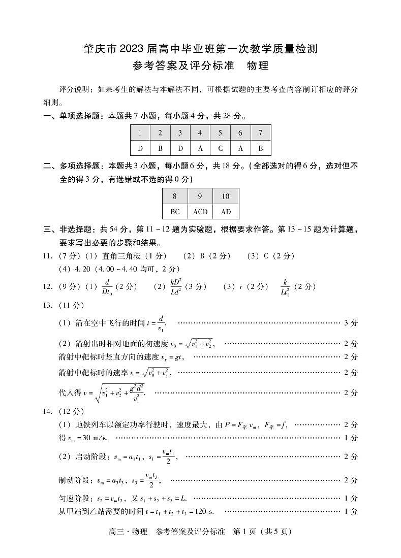 肇庆高三物理答案第1页