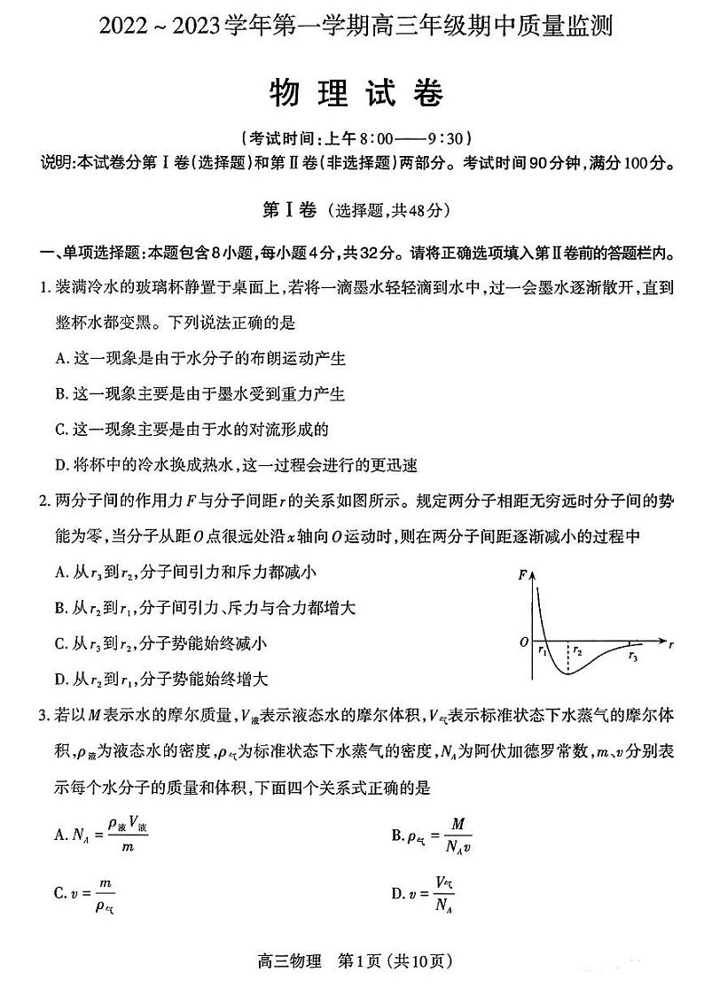 2023太原高三上学期期中质量监测试题物理PDF版无答案第1页