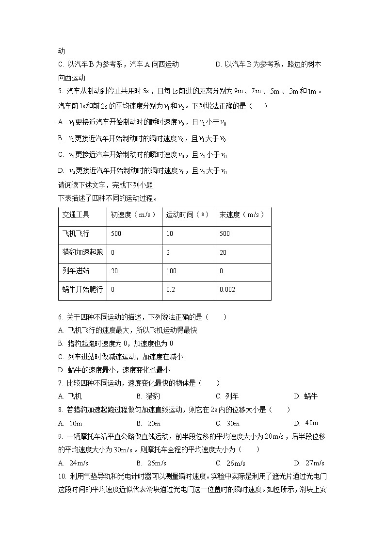 2023北京丰台区高一上学期期中物理试题（A卷）含解析02