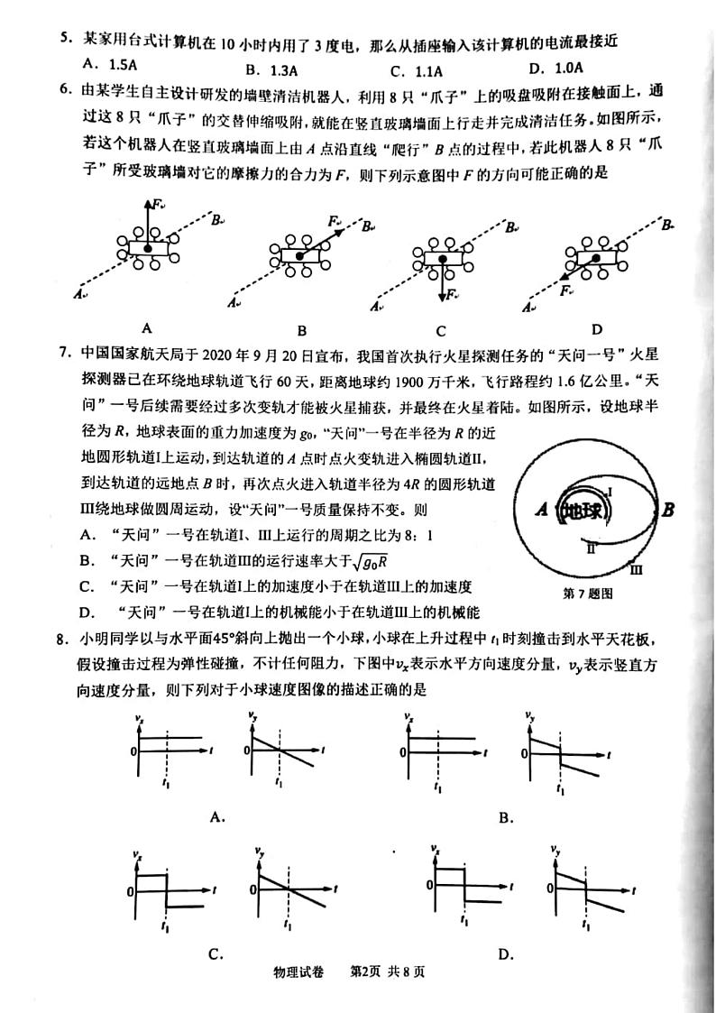 2021届浙江省宁波市高三上学期适应性考试物理试题 PDF版第2页