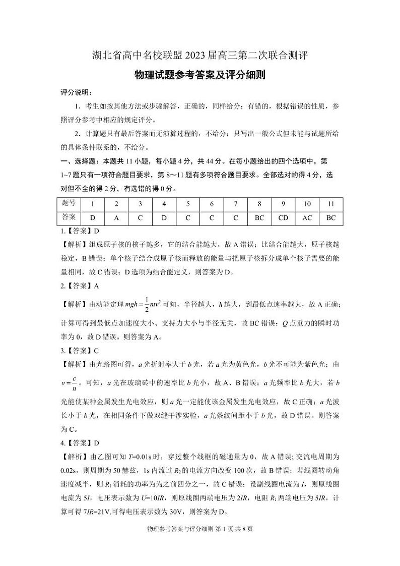 2023湖北名校联盟第二次测评物理答案第1页