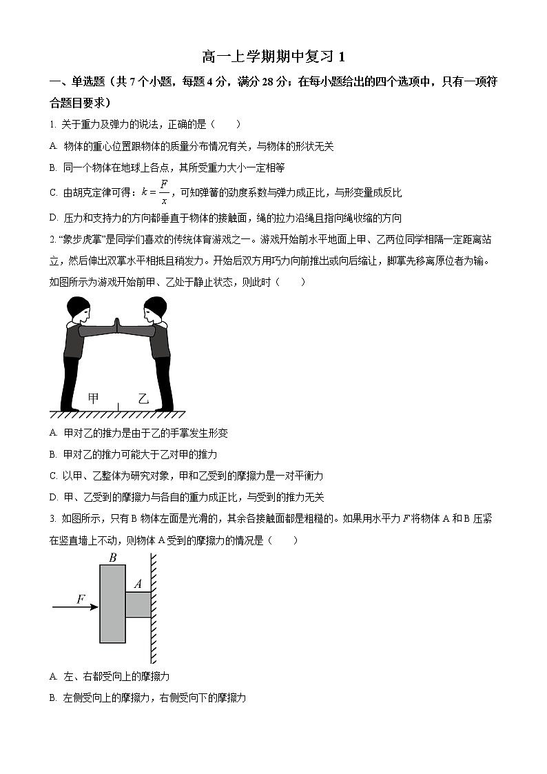 湖北省武汉市第十一中学2022-2023学年高一上学期期中复习物理试题01