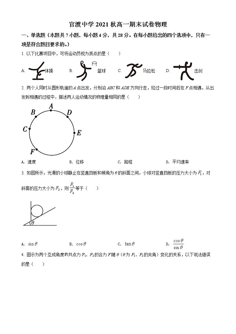 精品解析：重庆市巫山县官渡中学2021-2022学年高一（上）期末考试物理试题（原卷版）第1页