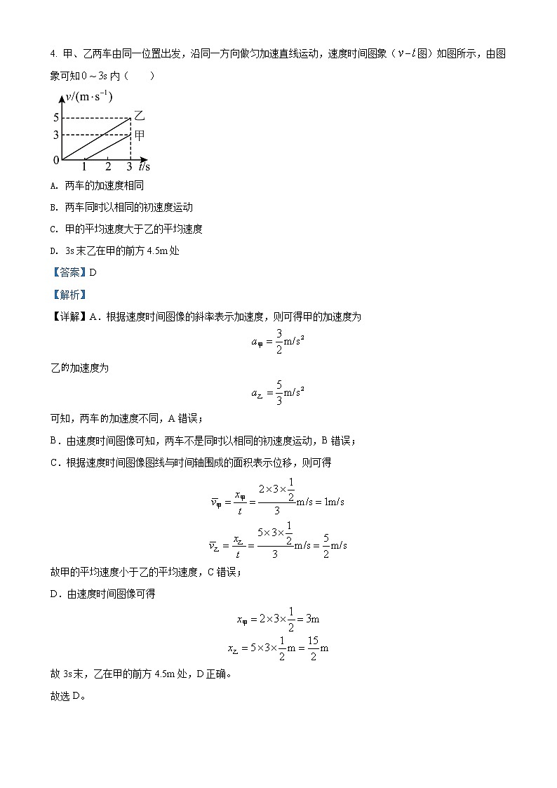 精品解析：广东省珠海市2021-2022学年高一（上）期末物理试题（解析版）第3页