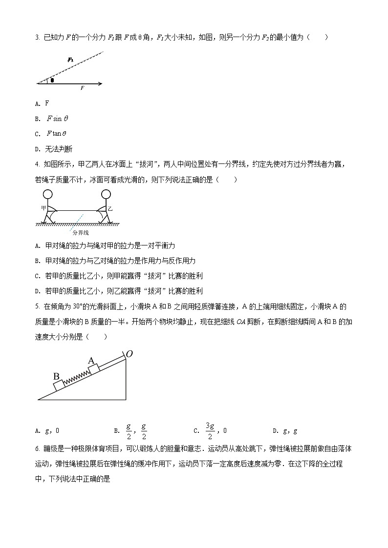 精品解析：黑龙江省哈尔滨市宾县第二中学2021-2022学年高一（上）期末考试物理试题02