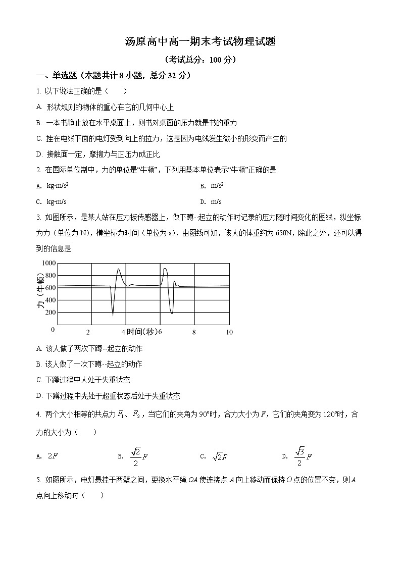 精品解析：黑龙江省佳木斯市汤原县高级中学2021-2022学年高一（上）期末物理试题01