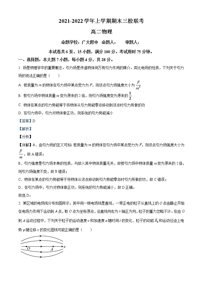 精品解析：广东省广雅中学、广大附中等2021-2022学年高二（上）期末物理试题01