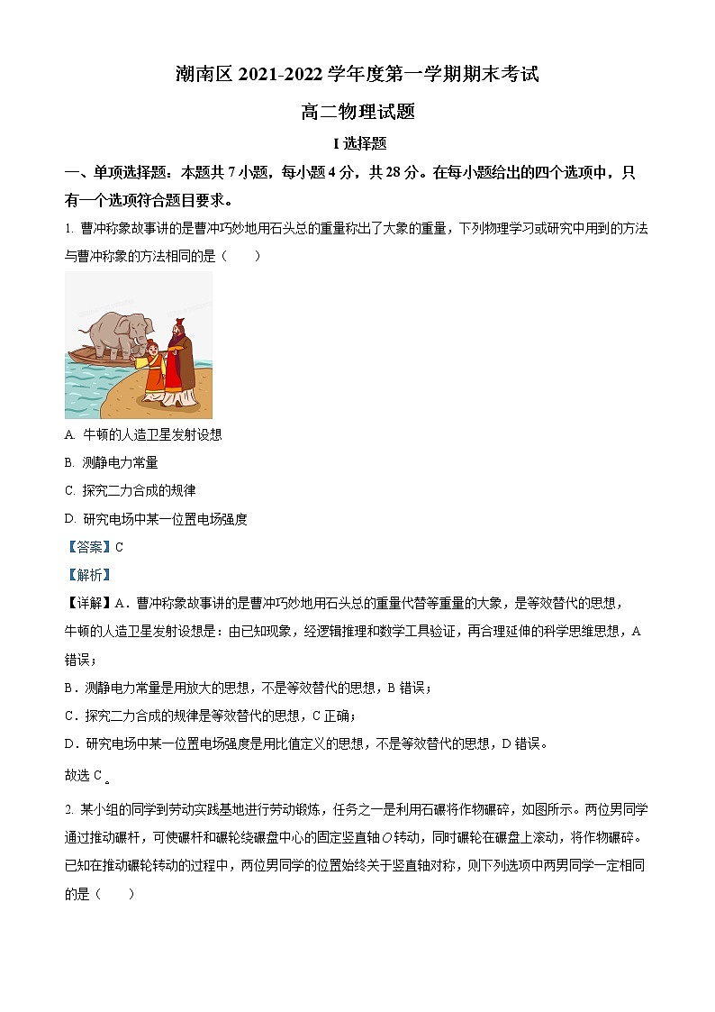 精品解析：广东省汕头市潮南区2021-2022学年高二（上）期末物理试题（解析版）第1页
