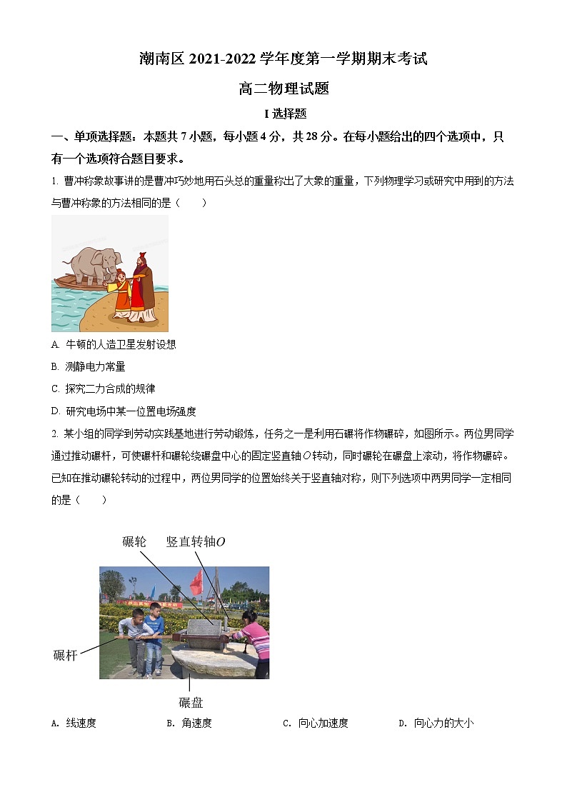 精品解析：广东省汕头市潮南区2021-2022学年高二（上）期末物理试题（原卷版）第1页