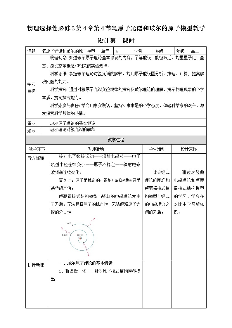 人教版高中物理选择性必修三  第4章第4节氢原子光谱和玻尔的原子模型教学设计第二课时第1页