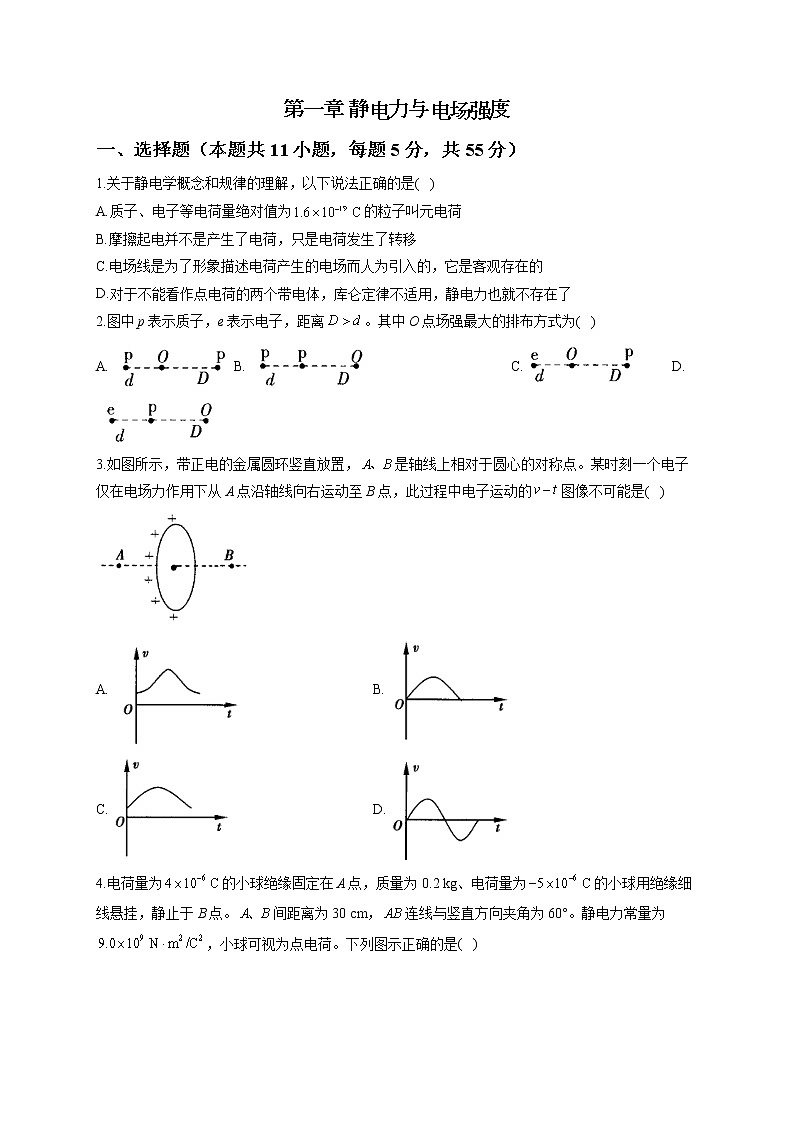 2022-2023学年鲁科版必修第三册 第一章 静电力与电场强度 单元测试1第1页