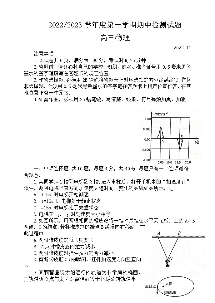 江苏省扬州中学2022-2023学年高三上学期期中考试物理试卷第1页