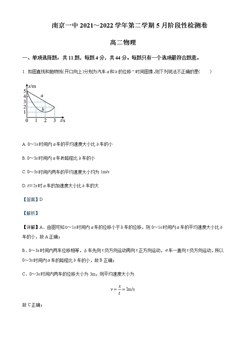 2021-2022学年江苏省南京市第一中学高二（下）5月阶段性检测卷物理试题含解析第1页