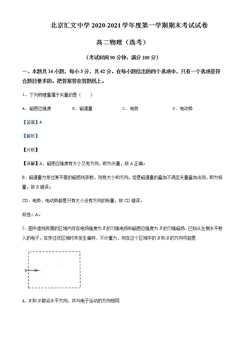2021-2022学年北京市东城区汇文中学高二（上）期末物理试题含解析第1页