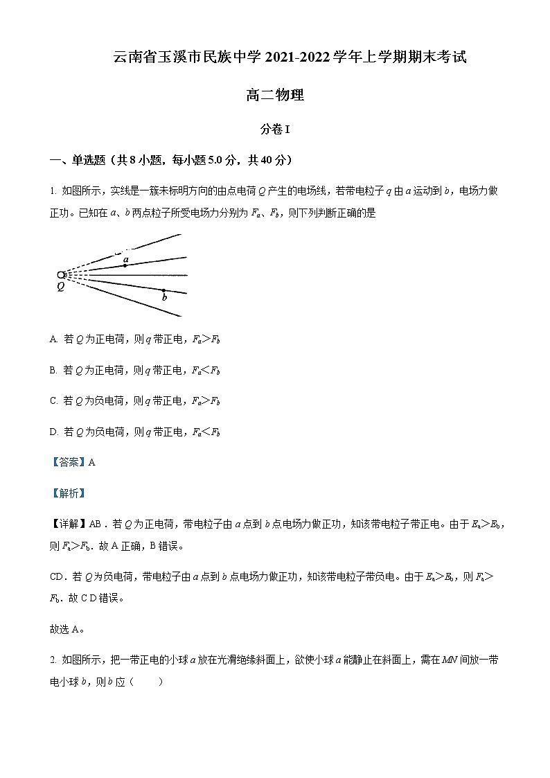 2021-2022学年云南省玉溪市民族中学高二（上）期末考试物理试题含解析01