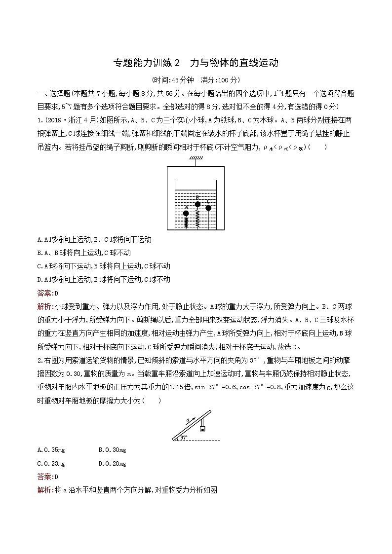 人教版高考物理二轮复习专题能力训练2力与物体的直线运动含答案第1页