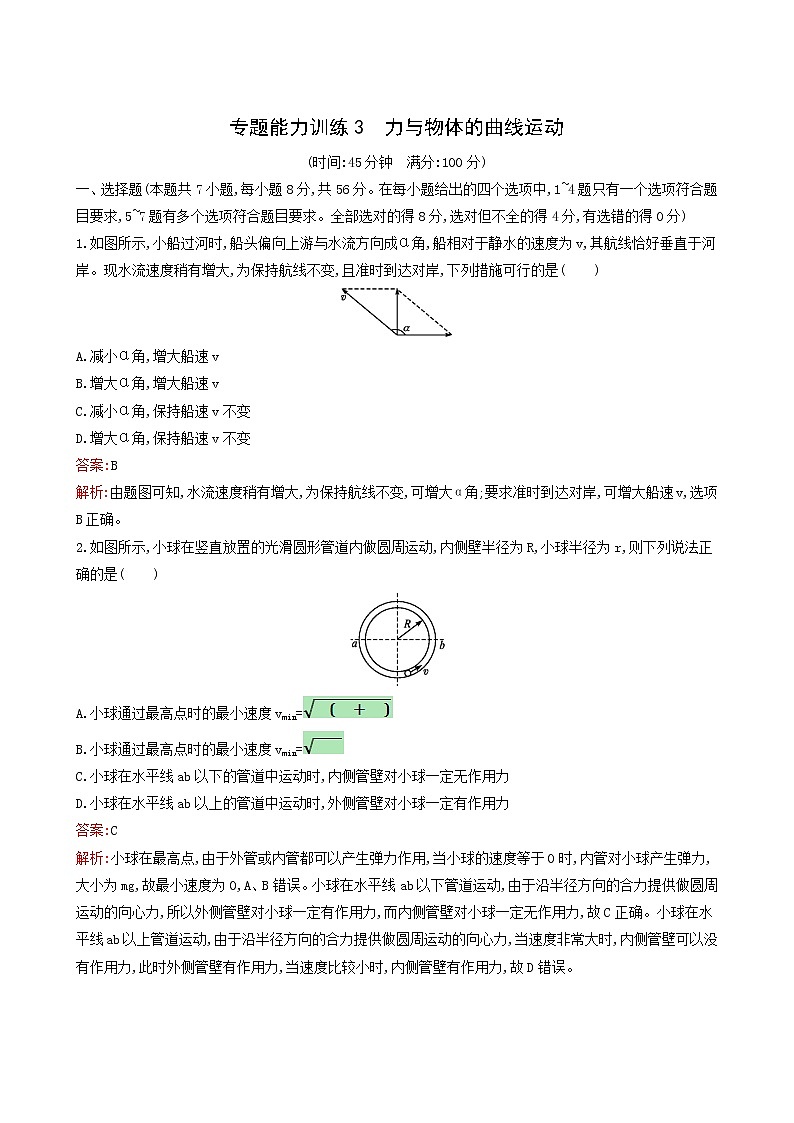 人教版高考物理二轮复习专题能力训练3力与物体的曲线运动含答案01