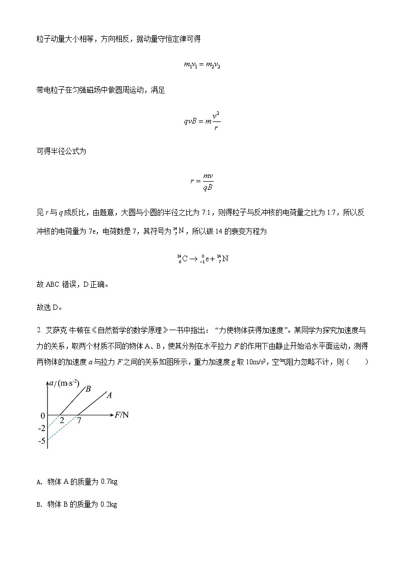 2022届湖南省长沙市湖南师范大学附属中学高三（下）高考模拟物理试题（一）含解析02