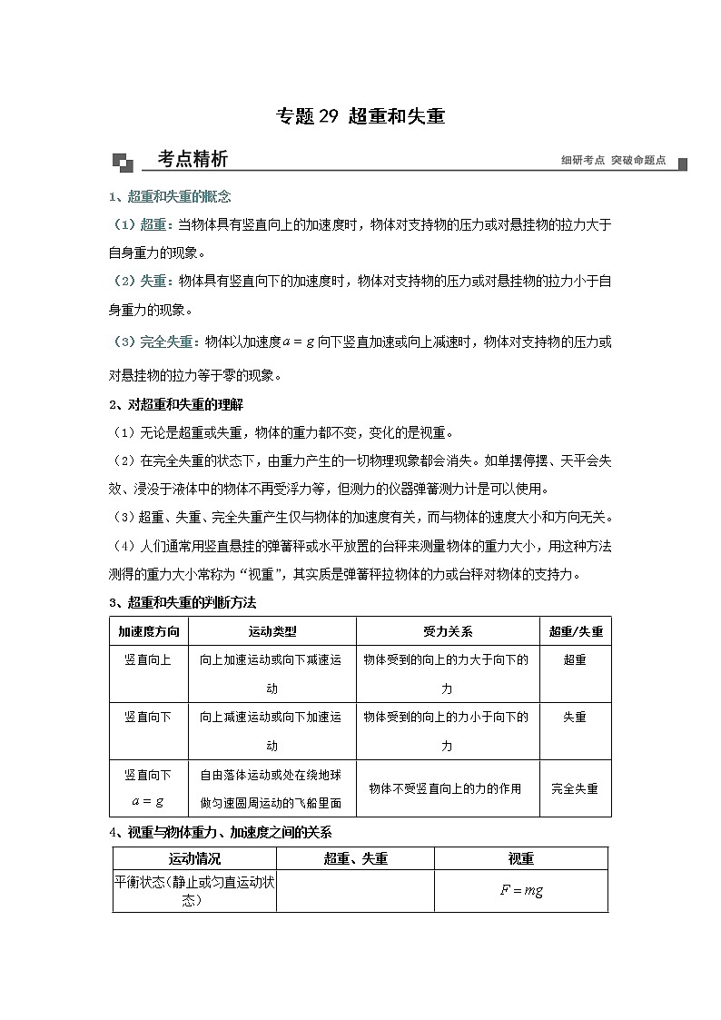 人教版高一物理必修一 专题29 超重和失重（原卷版）+解析版（含答案）第1页