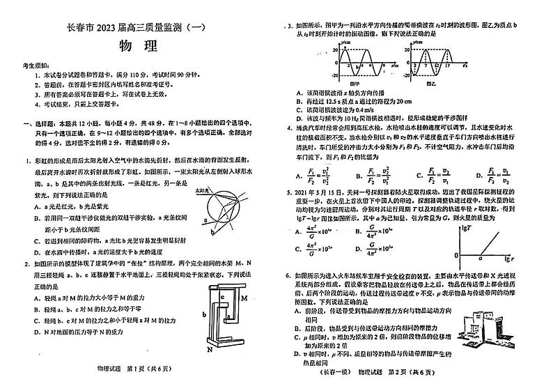 长春市2023届高三质量监测（一）物理试卷第1页