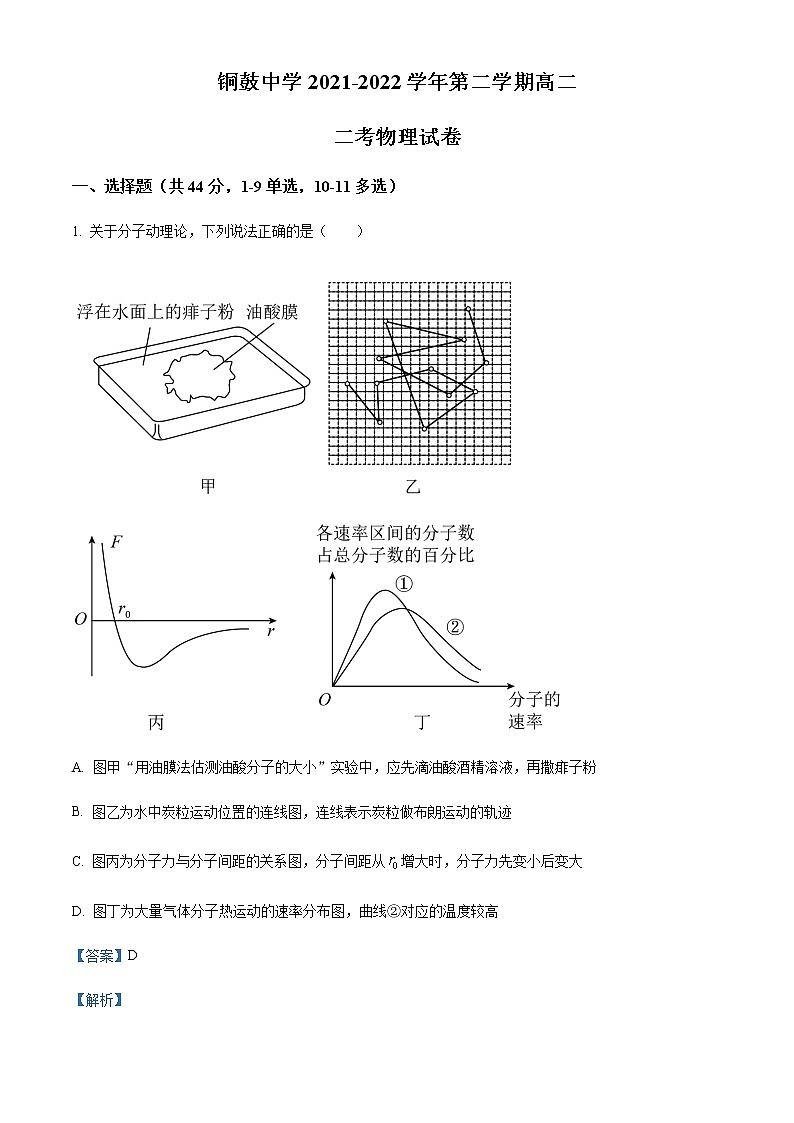 2021-2022学年江西省宜春市铜鼓中学高二（下）第二次月考物理试题（非实验班）含解析第1页