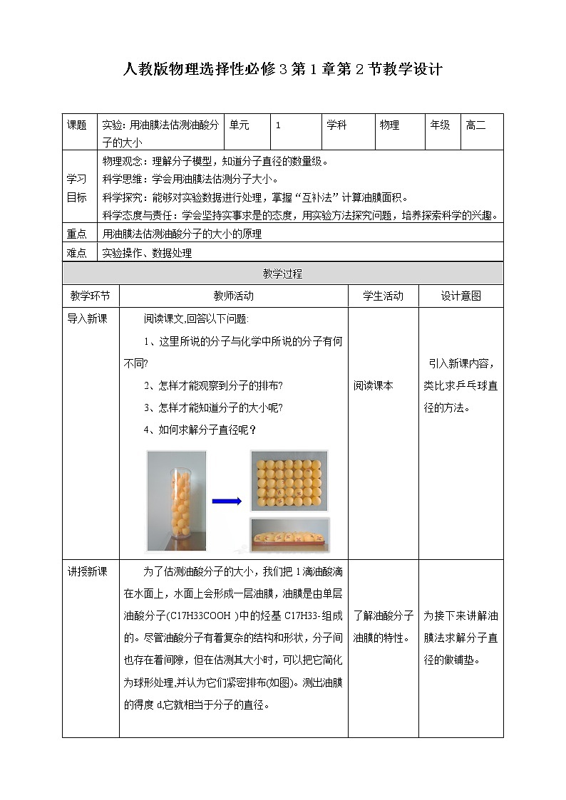人教版高中物理选择性必修三 1.2 实验：用油膜法估测油酸分子的大小第1页