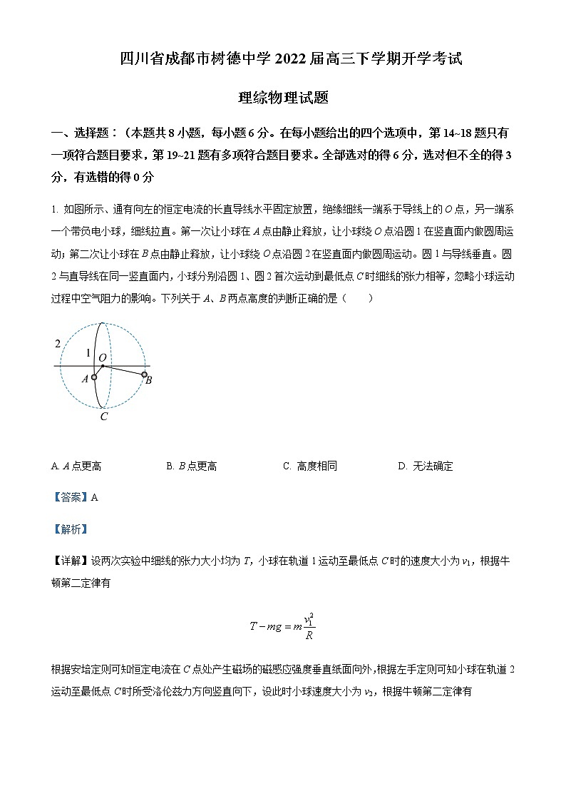 2022届四川省成都市树德中学高三（下）开学考试理综物理试题含解析第1页