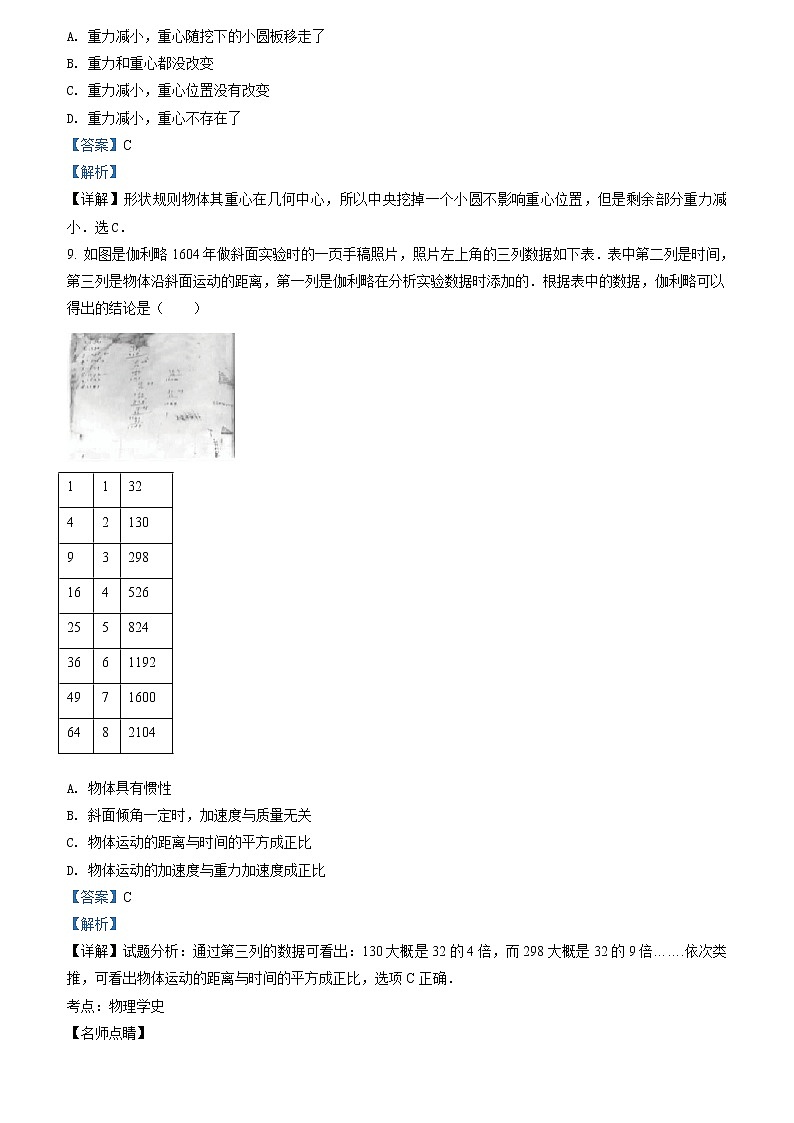 上海市奉贤区致远高级中学2021-2022学年高一（上）期中教学评估物理试题（解析版）第3页
