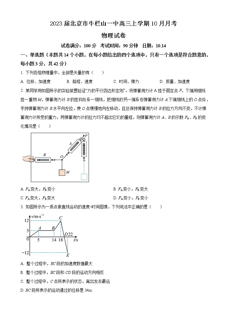 2023届北京市牛栏山一中高三上学期10月月考物理试题（解析版）第1页