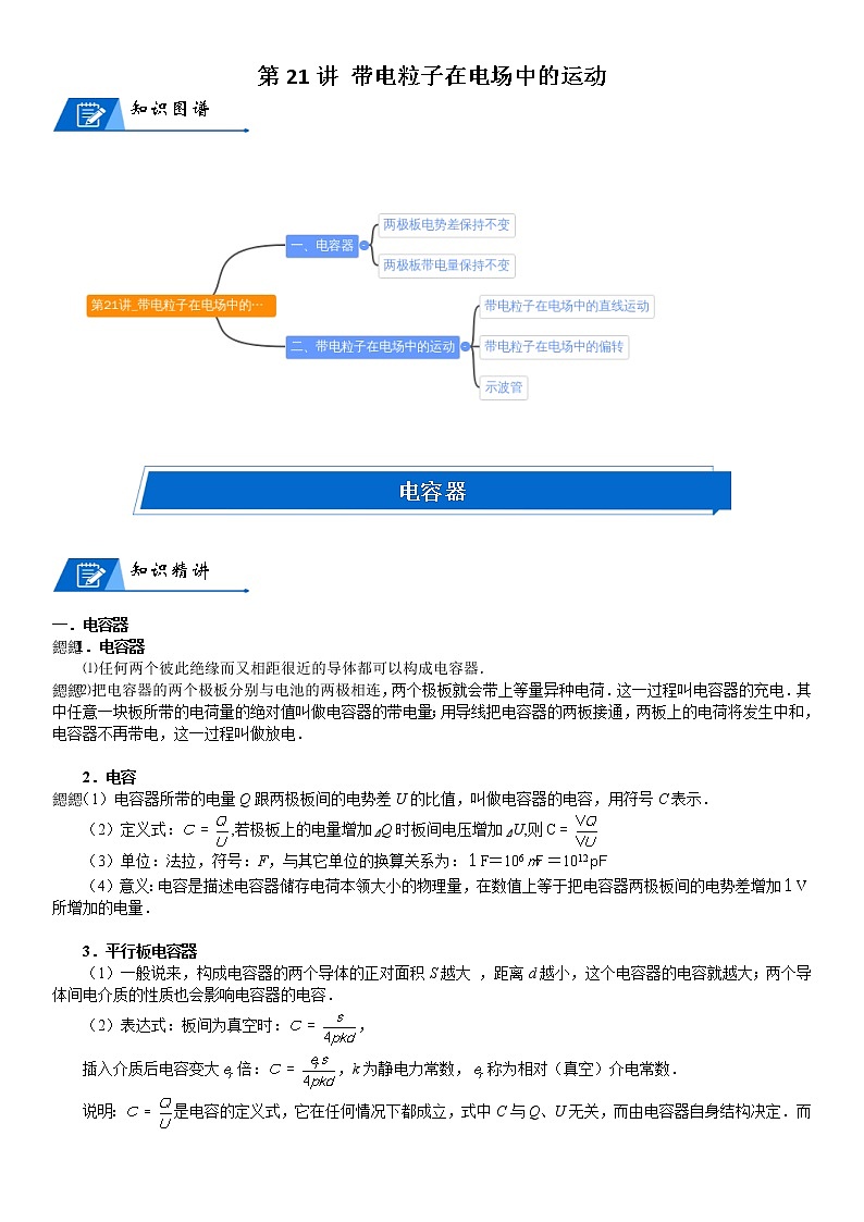 (新高考)高考物理一轮复习讲义：第21讲《带电粒子在电场中的运动》(含解析)01