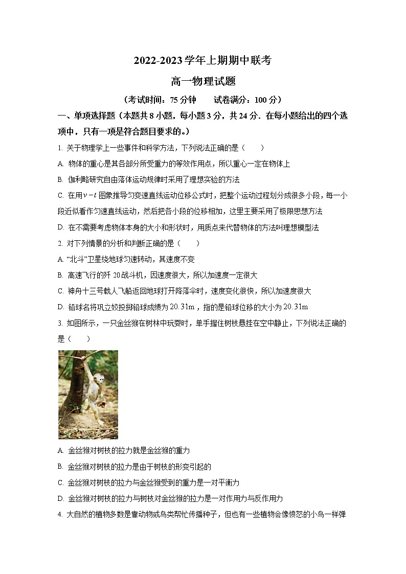 河南省商丘市2022-2023学年高一物理上学期期中联考试题（Word版附答案）01