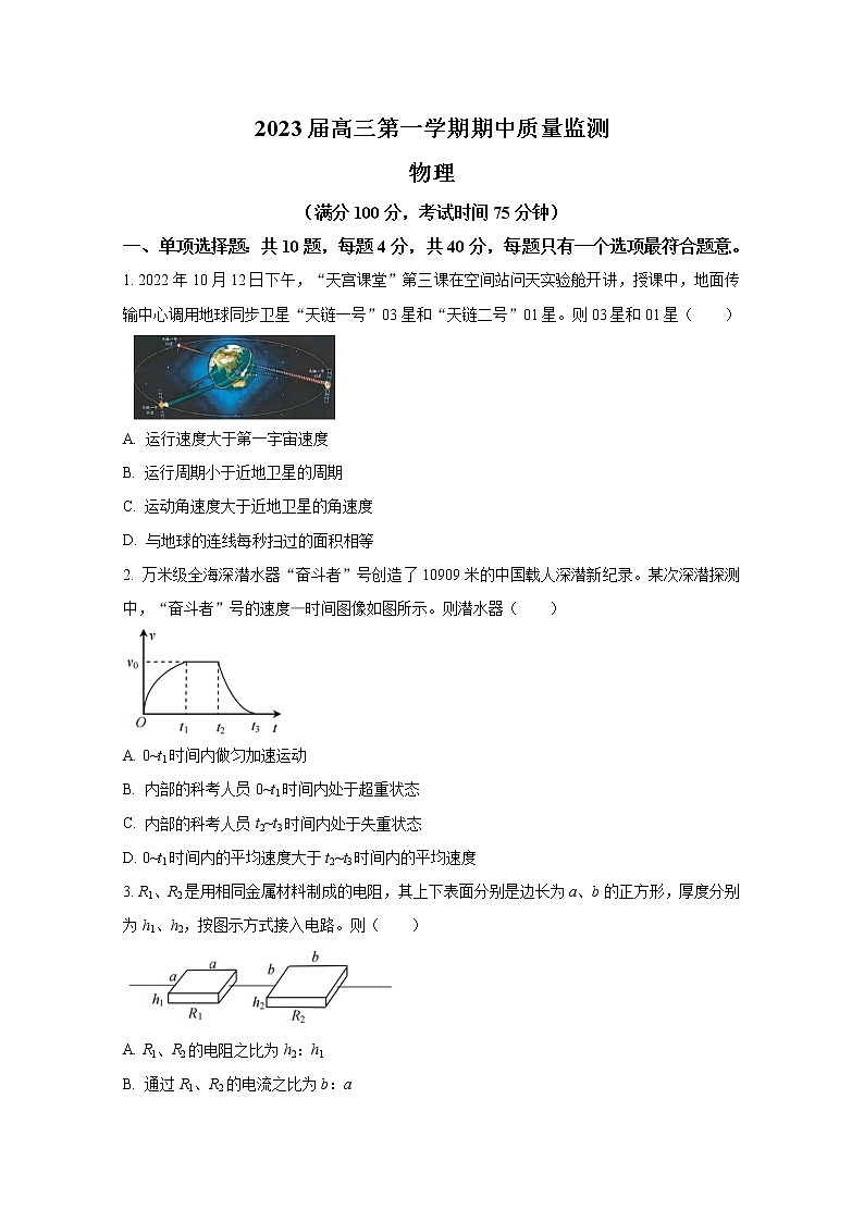 江苏省五市联考2022-2023学年高三物理上学期期中联考试题（Word版附答案）第1页