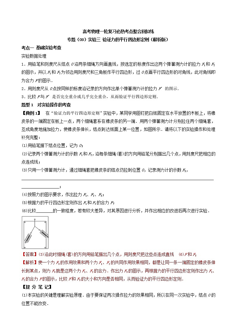 高考物理 一轮复习  考点整合练习专题（09）实验三 验证力的平行四边形定则（解析版）第1页