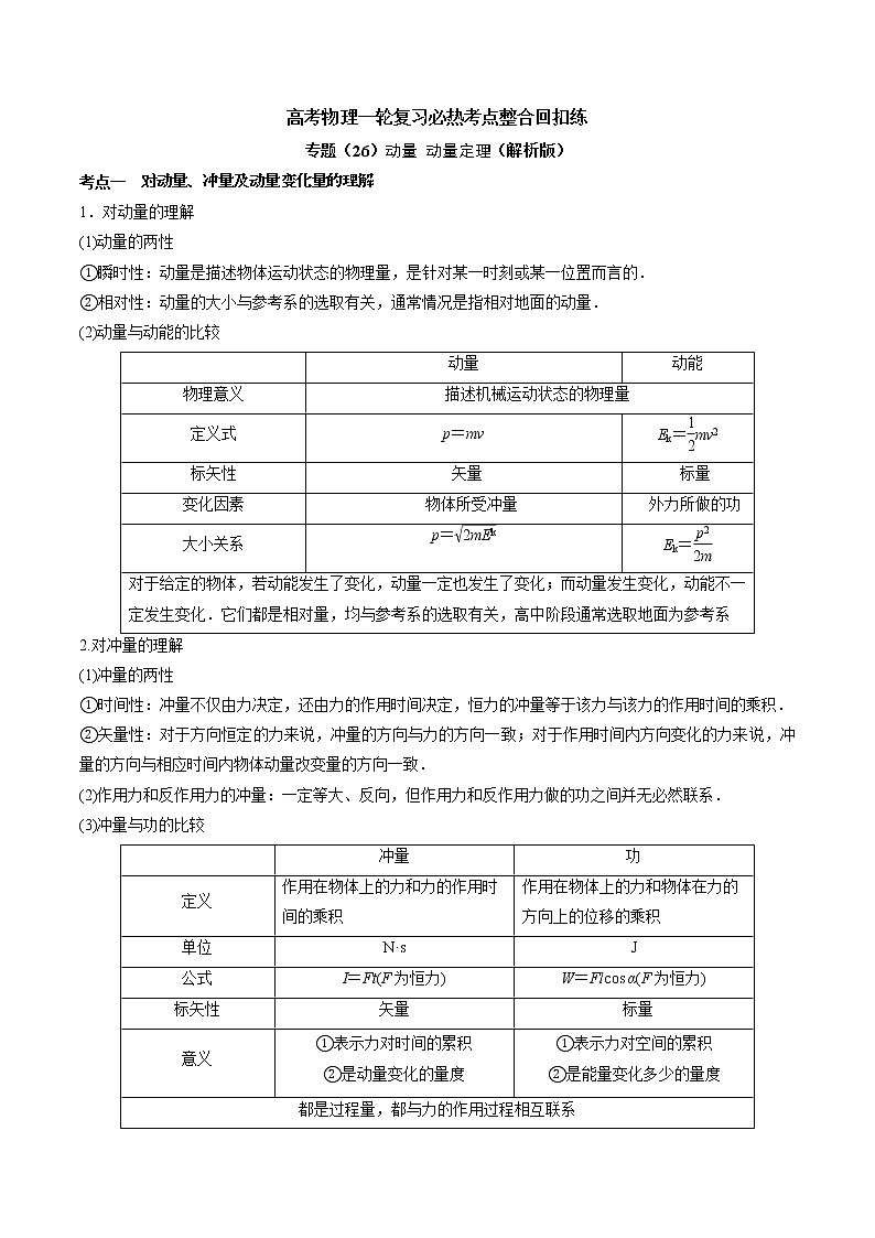 高考物理 一轮复习  考点整合练习专题（26）动量 动量定理（解析版）第1页