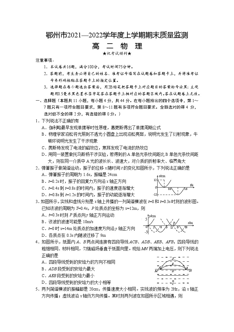 湖北省鄂州市2021-2022学年高二上学期期末质量监测物理试题第1页
