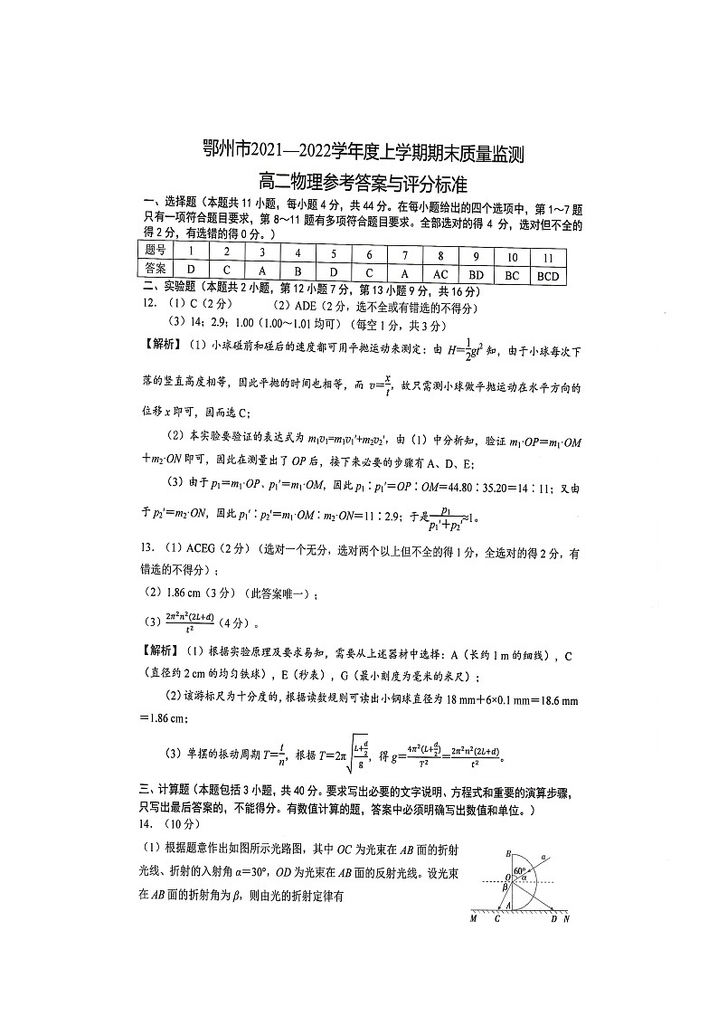 湖北省鄂州市2021-2022学年高二上学期期末质量监测物理试题答案第1页